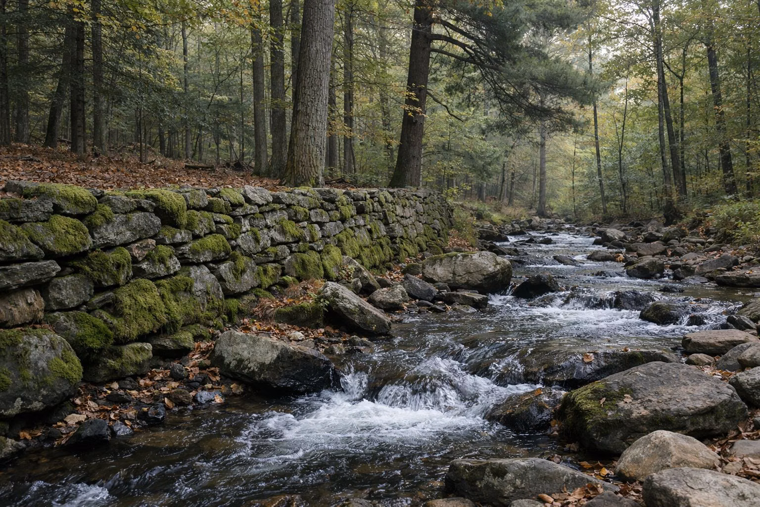A small rocky mountain creek flowing past an old moss-covered fieldstone wall in a hardwood forest