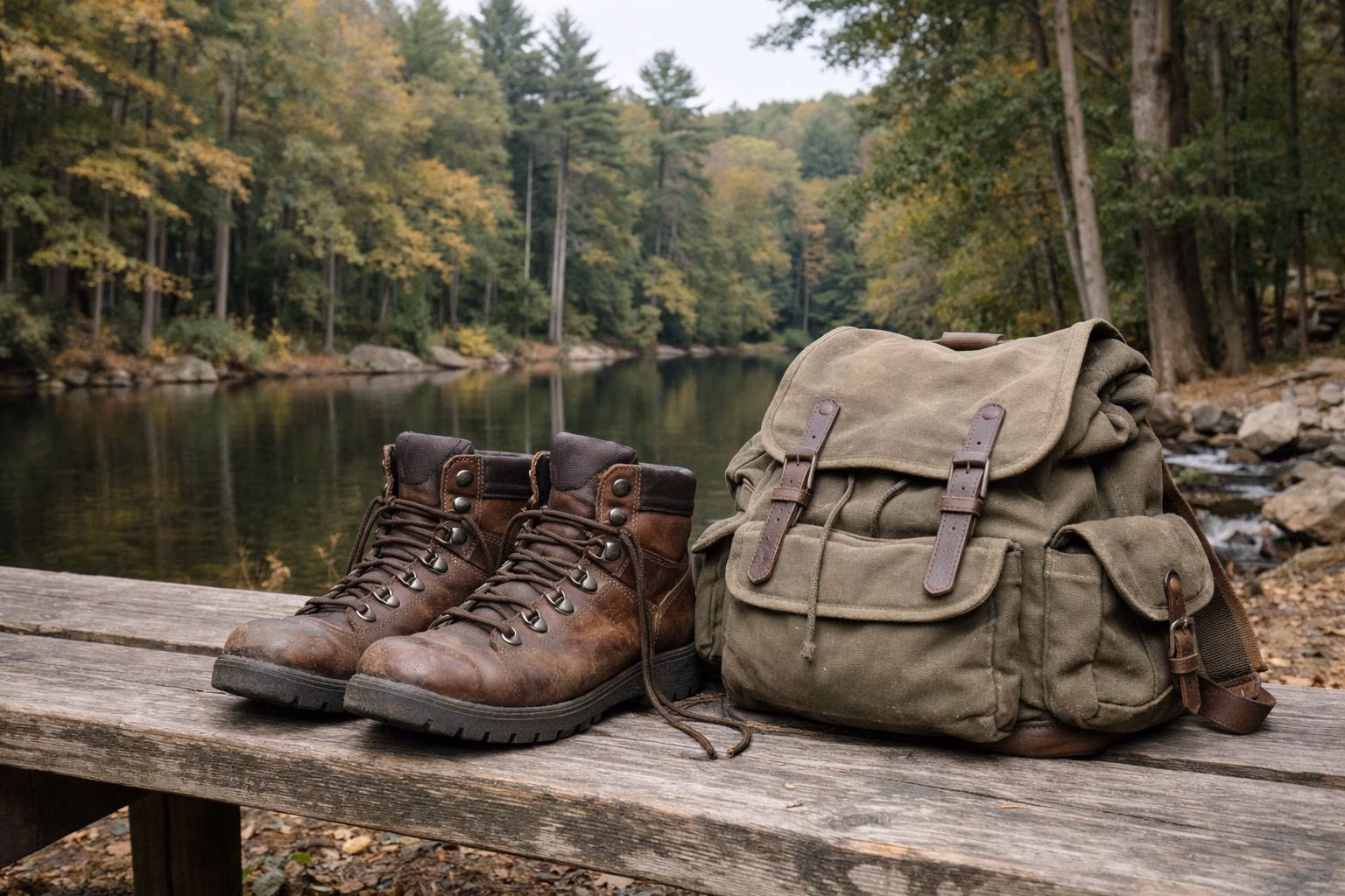 Well-worn vintage leather hiking boots and a canvas backpack resting on a weathered wooden bench outdoors