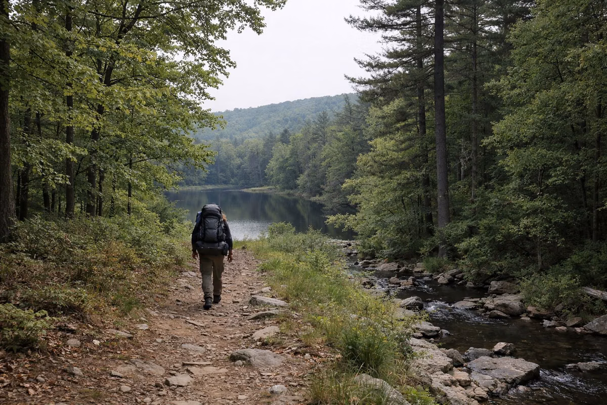 A backpacker with a large pack walking away on a forest footpath, seen from behind, small in the frame