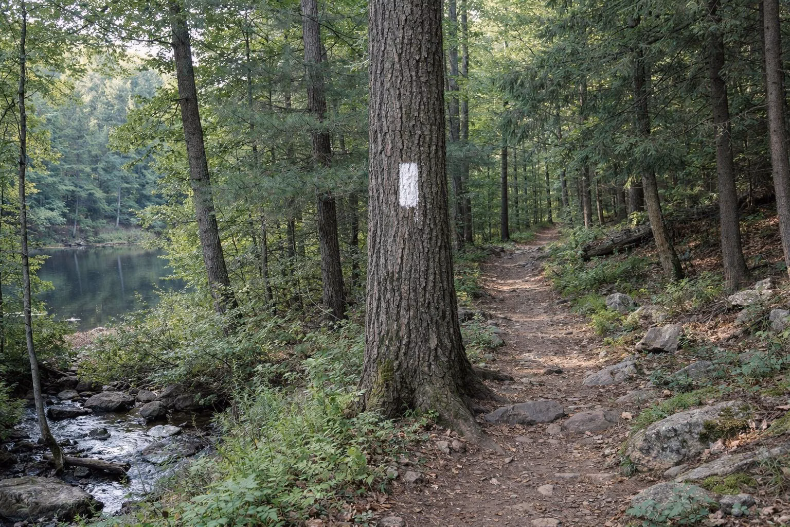 A narrow footpath through green hardwood forest with a white painted blaze on a tree trunk ahead