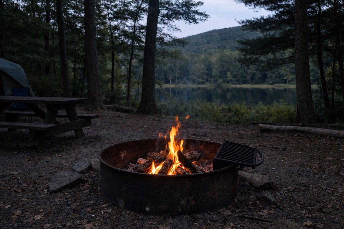 A small campfire burning in a metal fire ring at a wooded campsite at dusk
