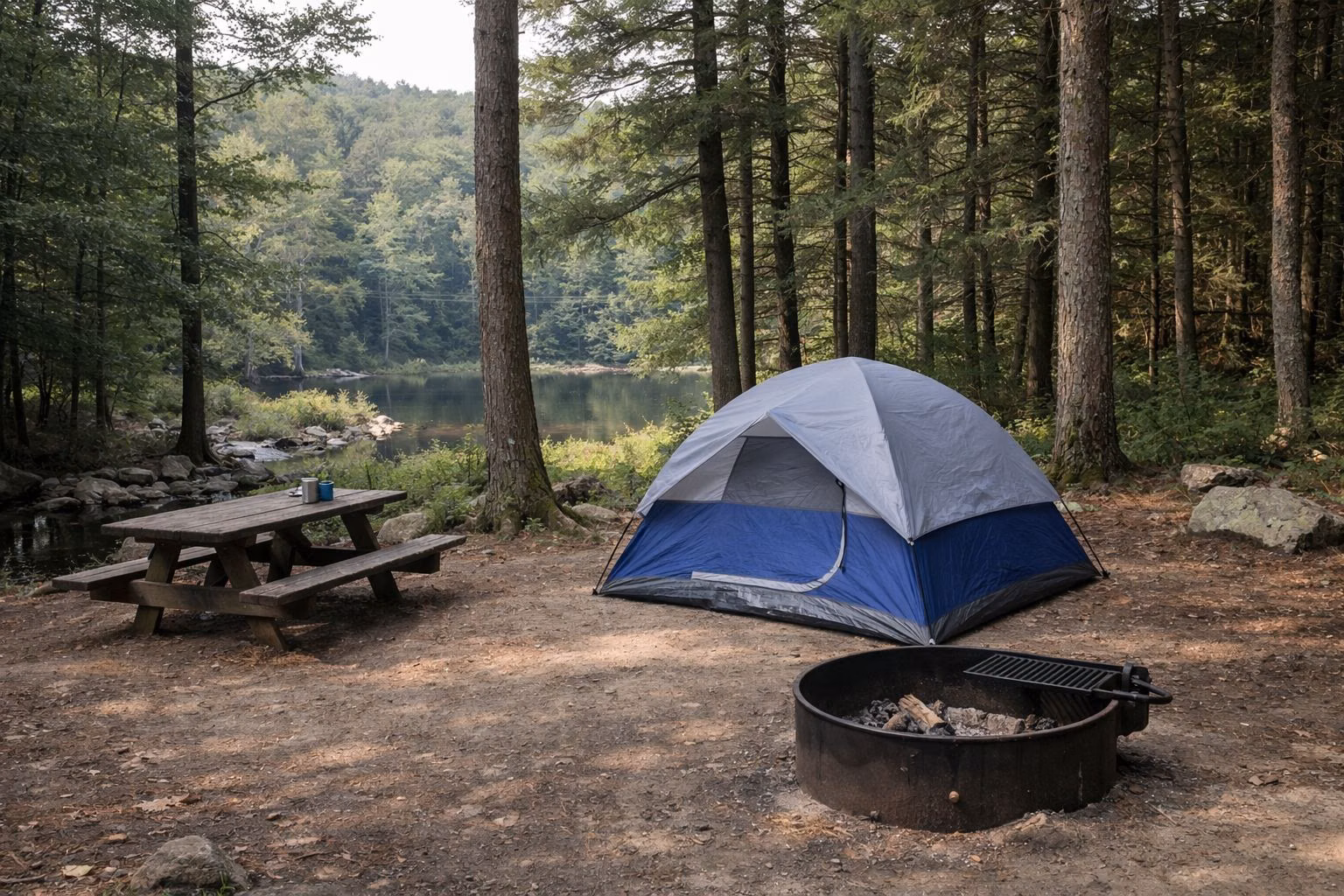 A wooded tent campsite with a dome tent, a picnic table and a metal fire ring under tall pines, no people