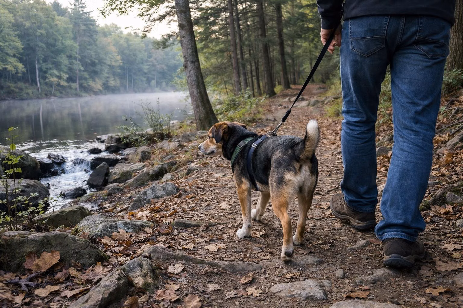 A leashed medium-sized dog walking on a forest trail beside its owner, only the owner's legs visible