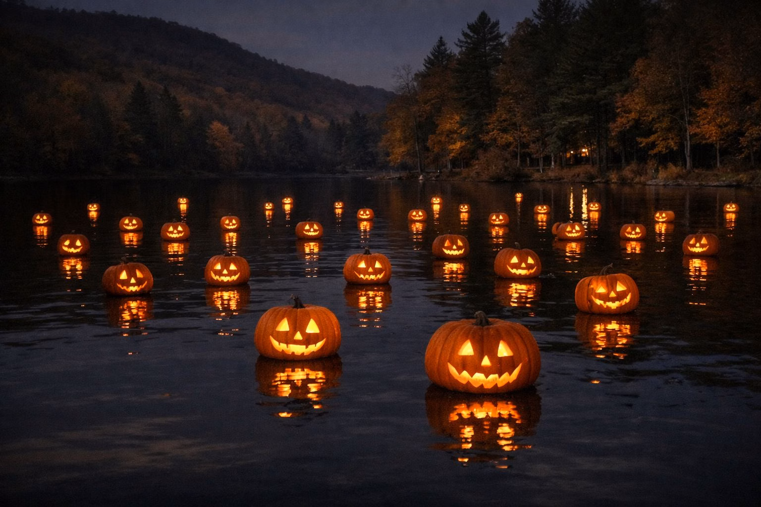 Dozens of lit carved jack-o-lanterns floating on a dark calm lake at night, glowing reflections