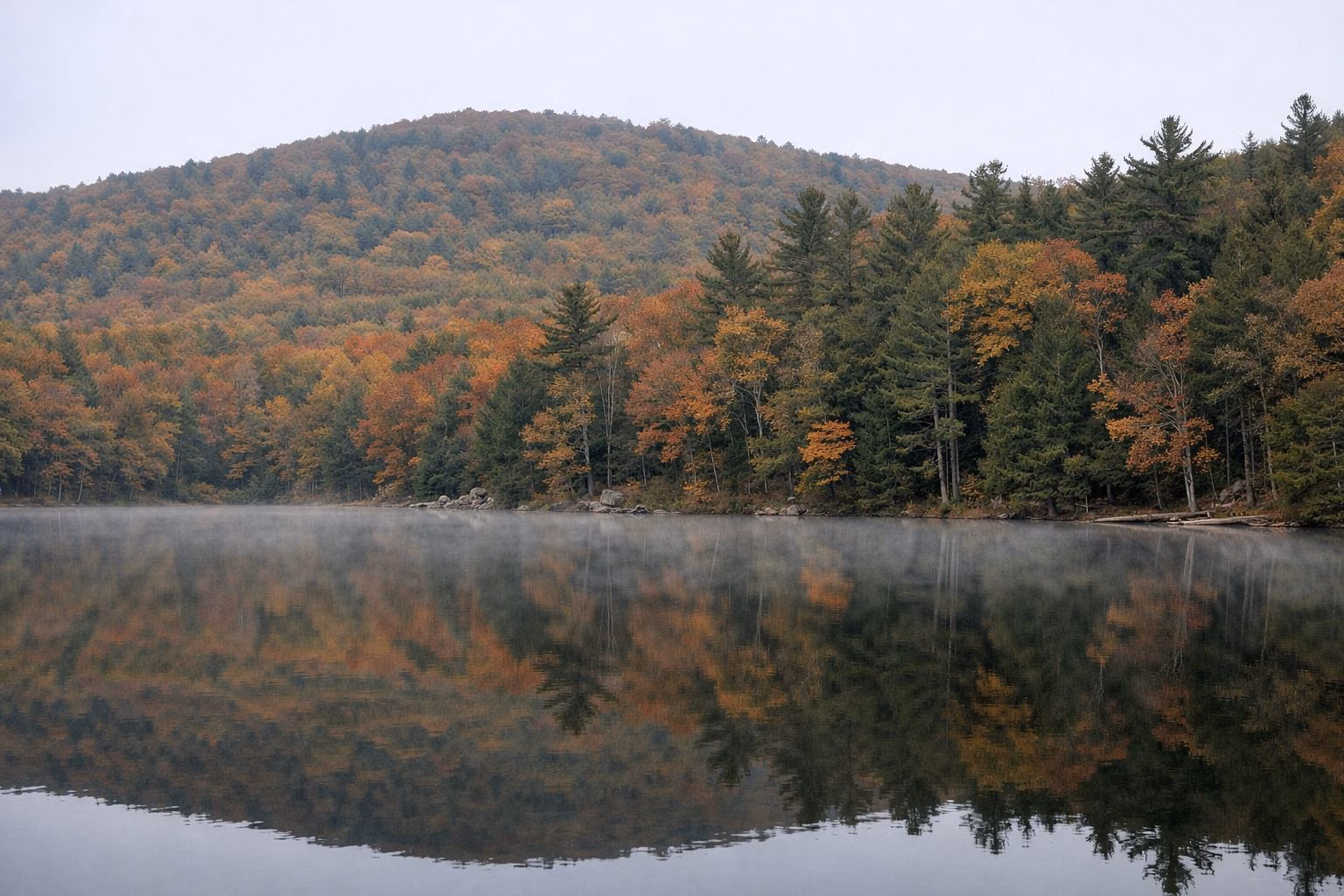 A forested autumn hillside reflected in still lake water, light mist on the surface
