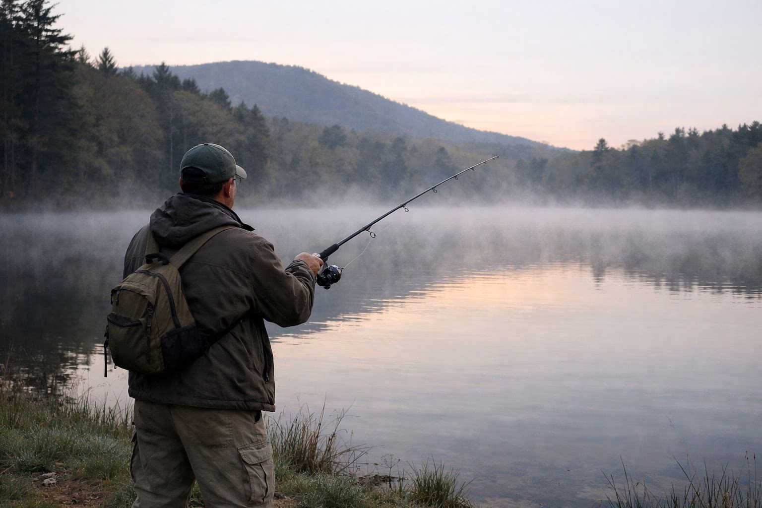 An angler casting a spinning rod from a grassy lake shore at dawn, mist on the water, seen from behind