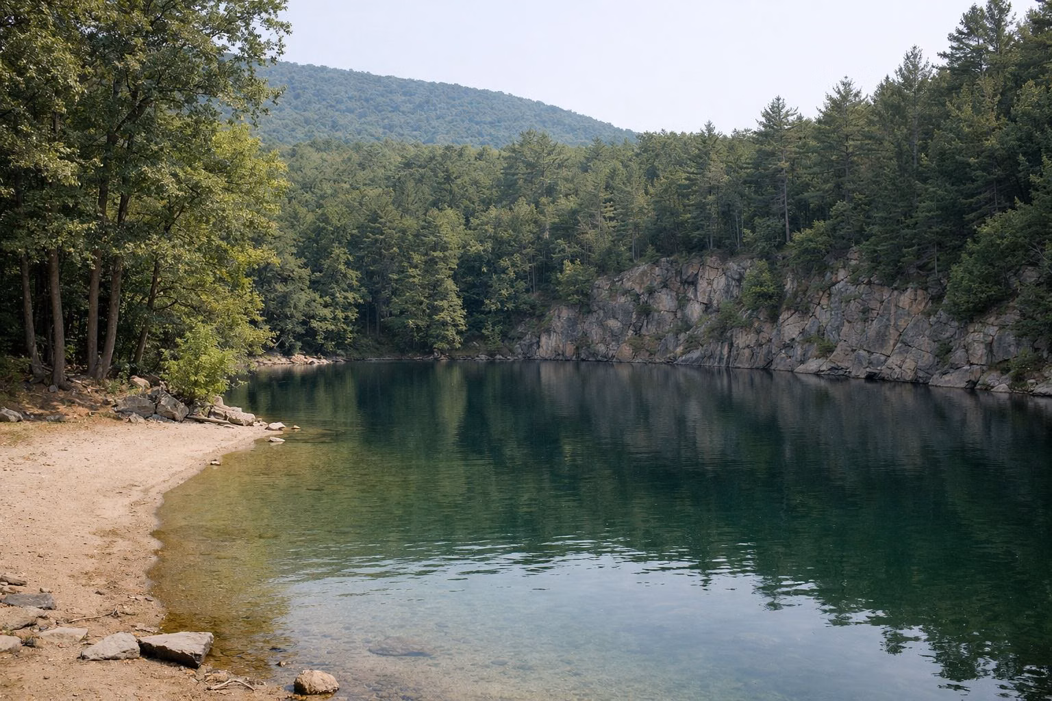 A small, deep, clear green quarry lake with steep wooded banks and a short sand beach at one end, no people