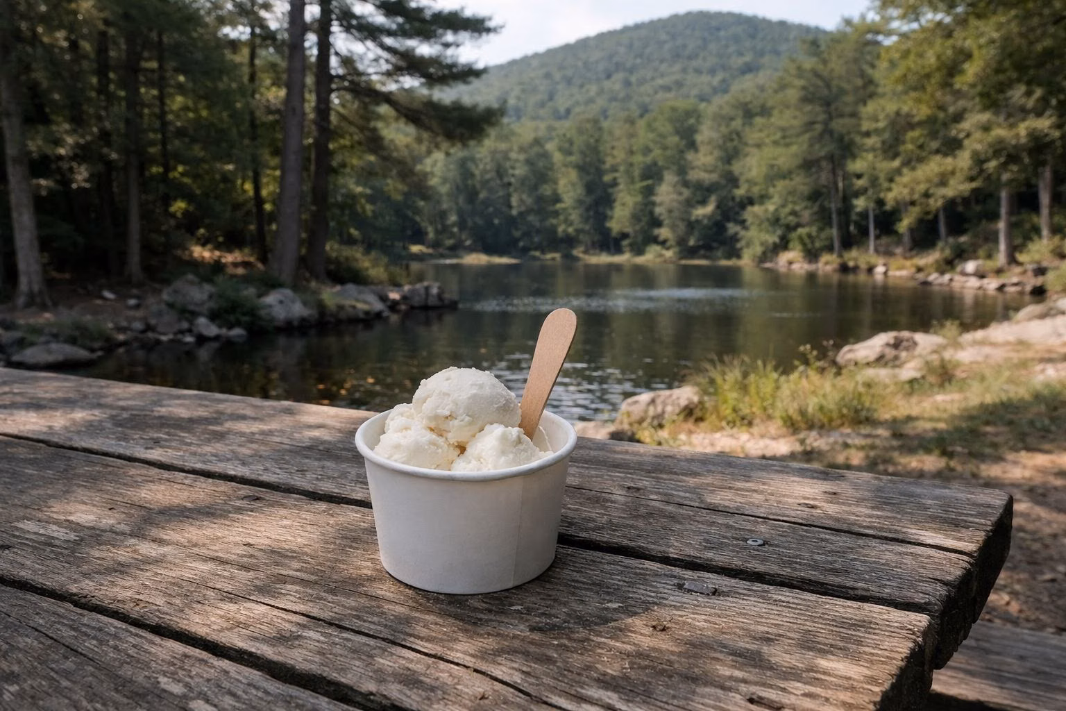A paper cup of vanilla ice cream with a wooden spoon on a weathered picnic table in dappled shade