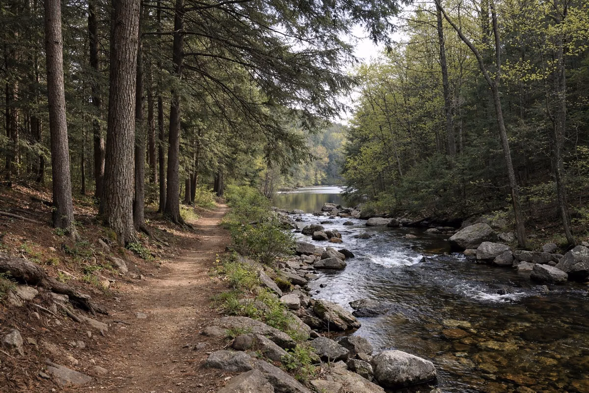 A narrow dirt trail through tall pines and hemlocks beside a clear mountain creek
