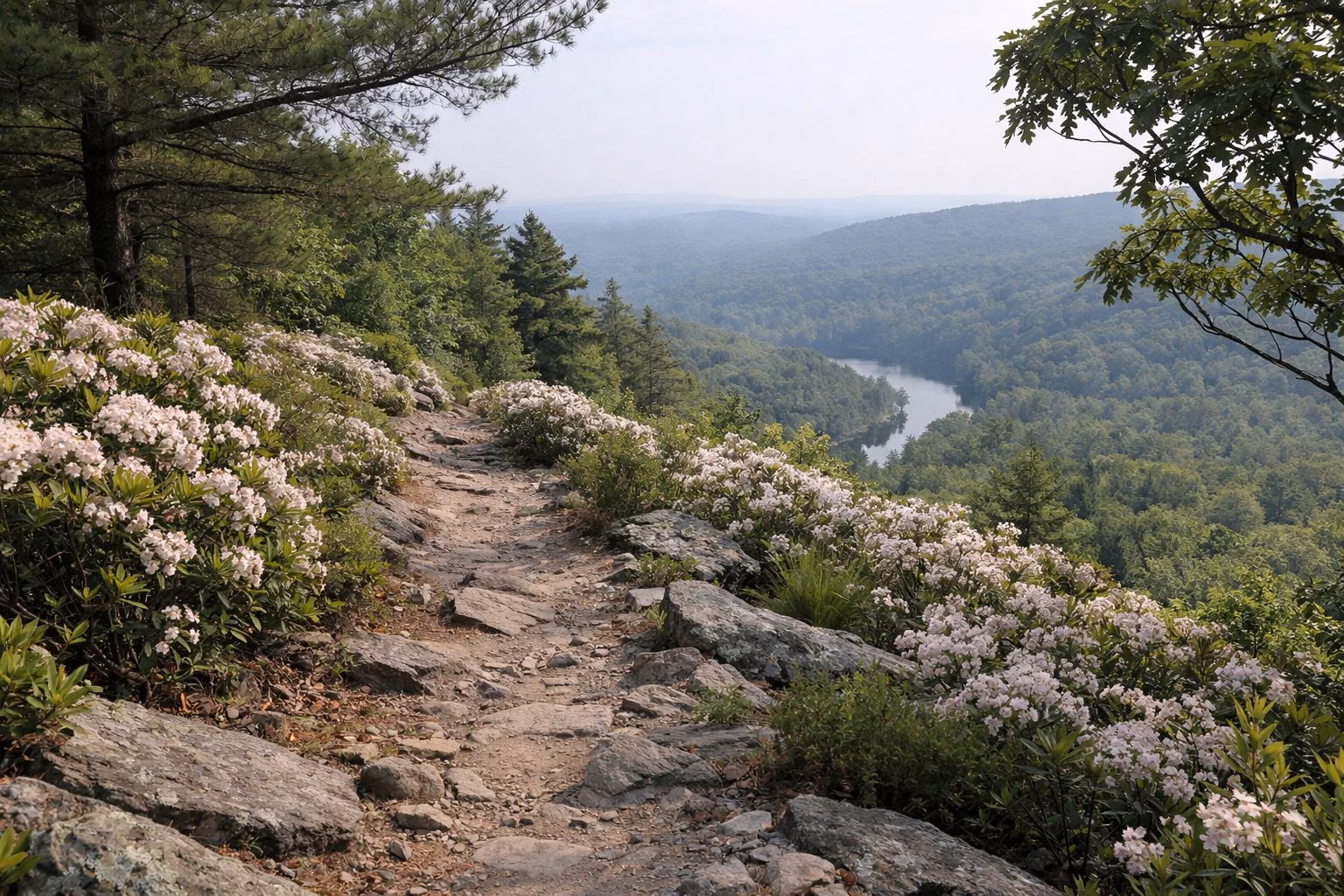 A rocky footpath winding along a forested mountain ridge between blooming mountain laurel shrubs, no people