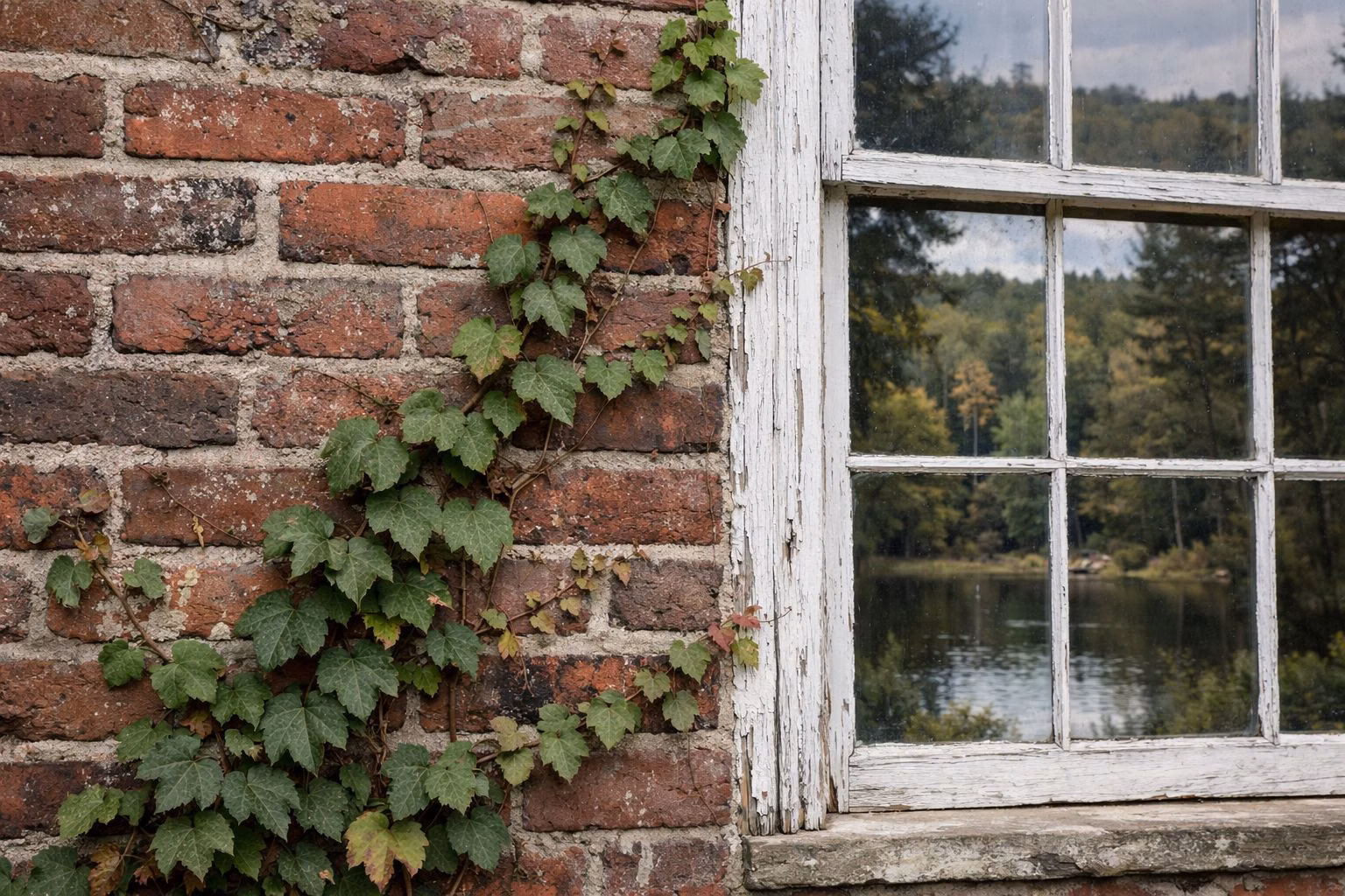 Close detail of an old red brick wall with a white-painted wooden window frame and climbing ivy