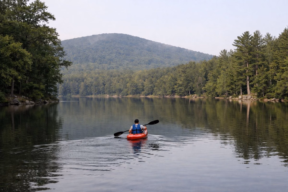 A single kayak gliding on a calm forest lake, paddler seen from behind at a distance