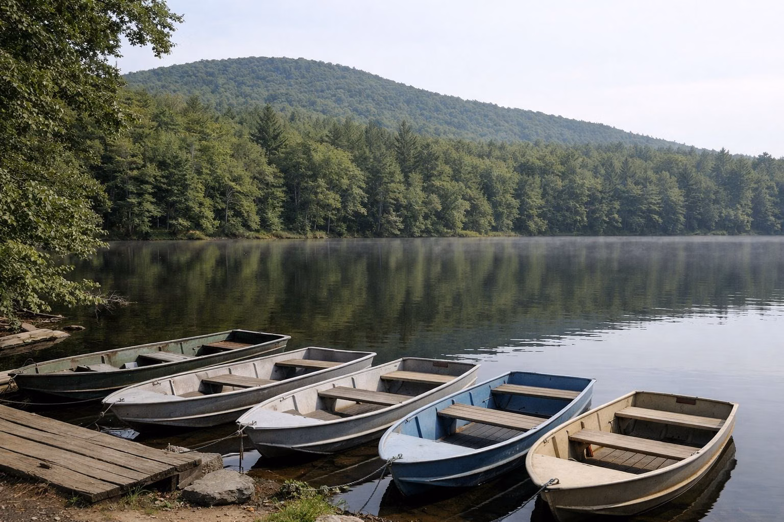 A calm wooded mountain lake with a row of small moored rowboats near the shore and a forested ridge behind