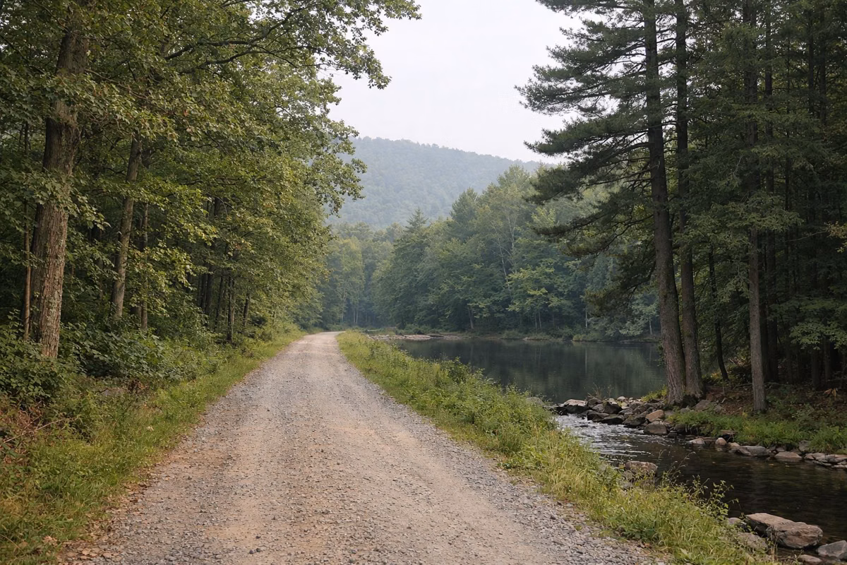 A quiet gravel forest road through dense oak and pine woods