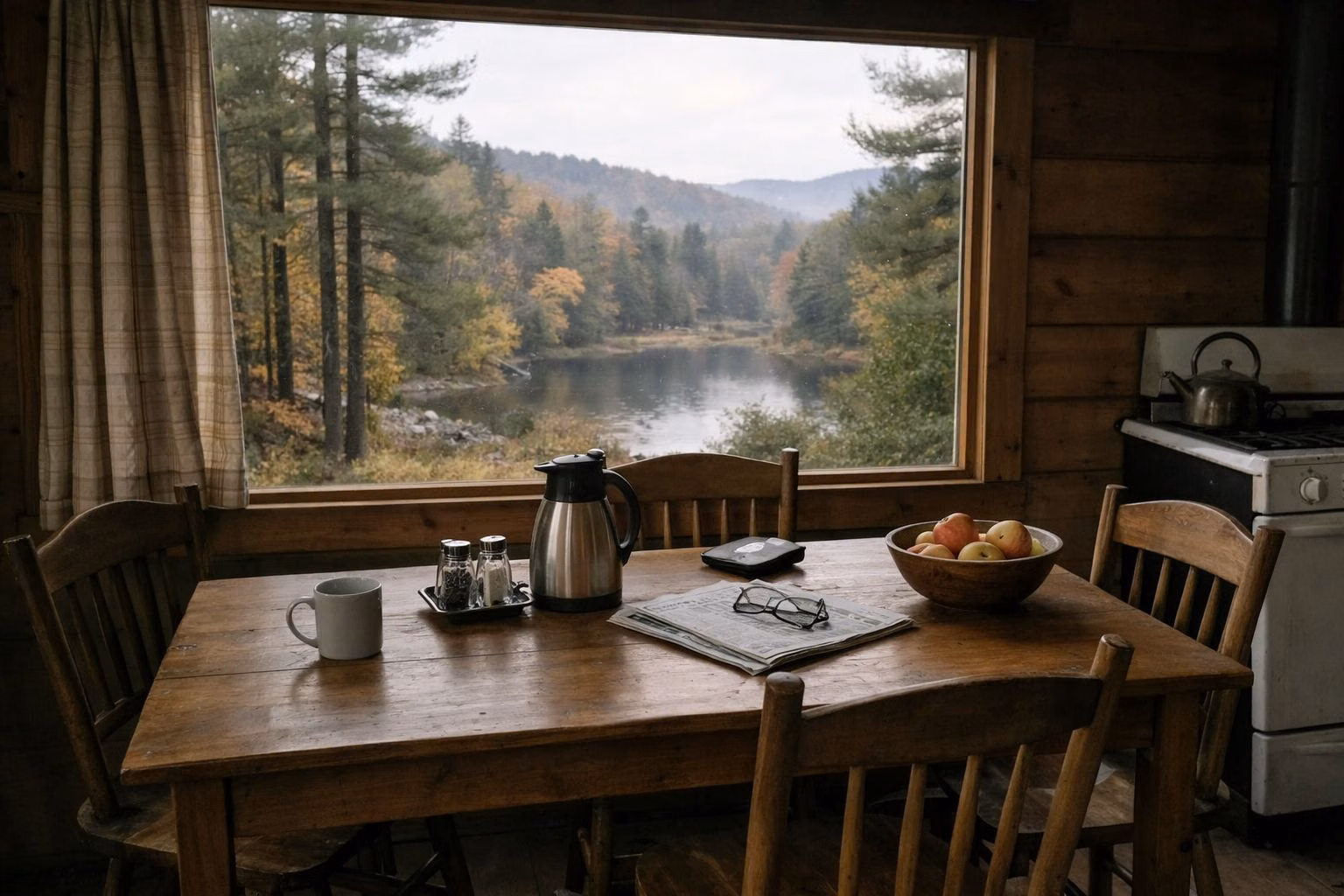 A simple wooden kitchen table and chairs by a window in a modest cabin, forest visible outside