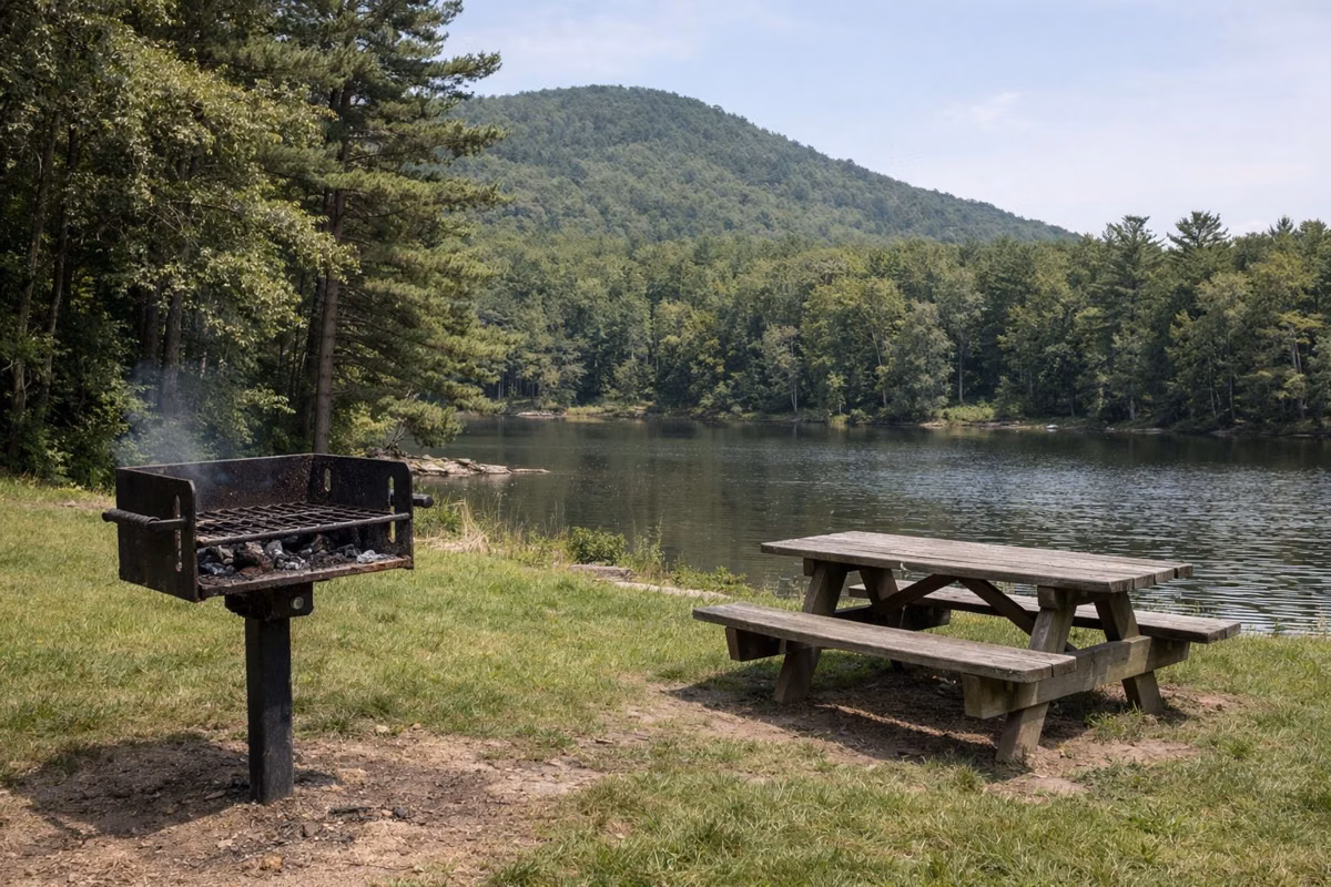 A charcoal grill on a post next to a picnic table on a grassy lake shore