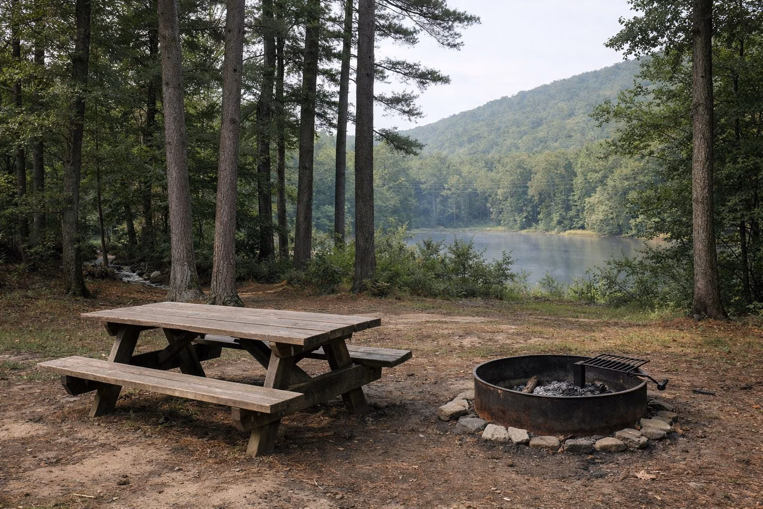 A wooden picnic table and a metal fire ring in an open stand of tall white pines
