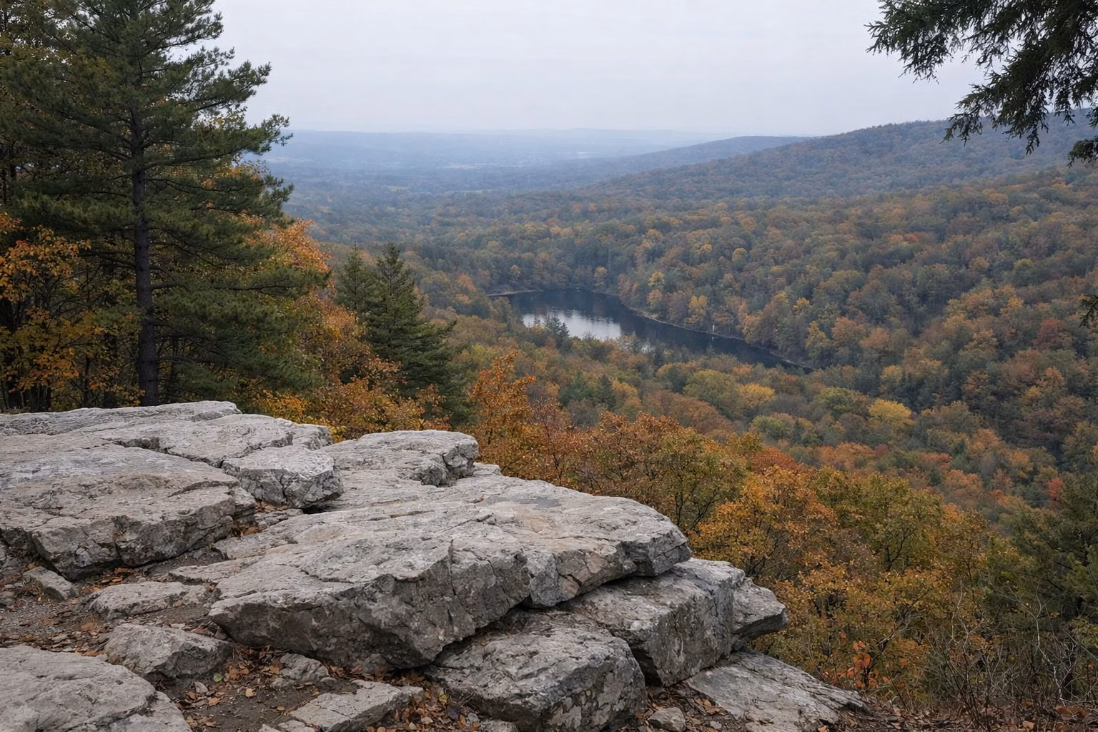 A pale gray quartzite rock outcrop overlook above a forested valley in autumn color with a small lake far below