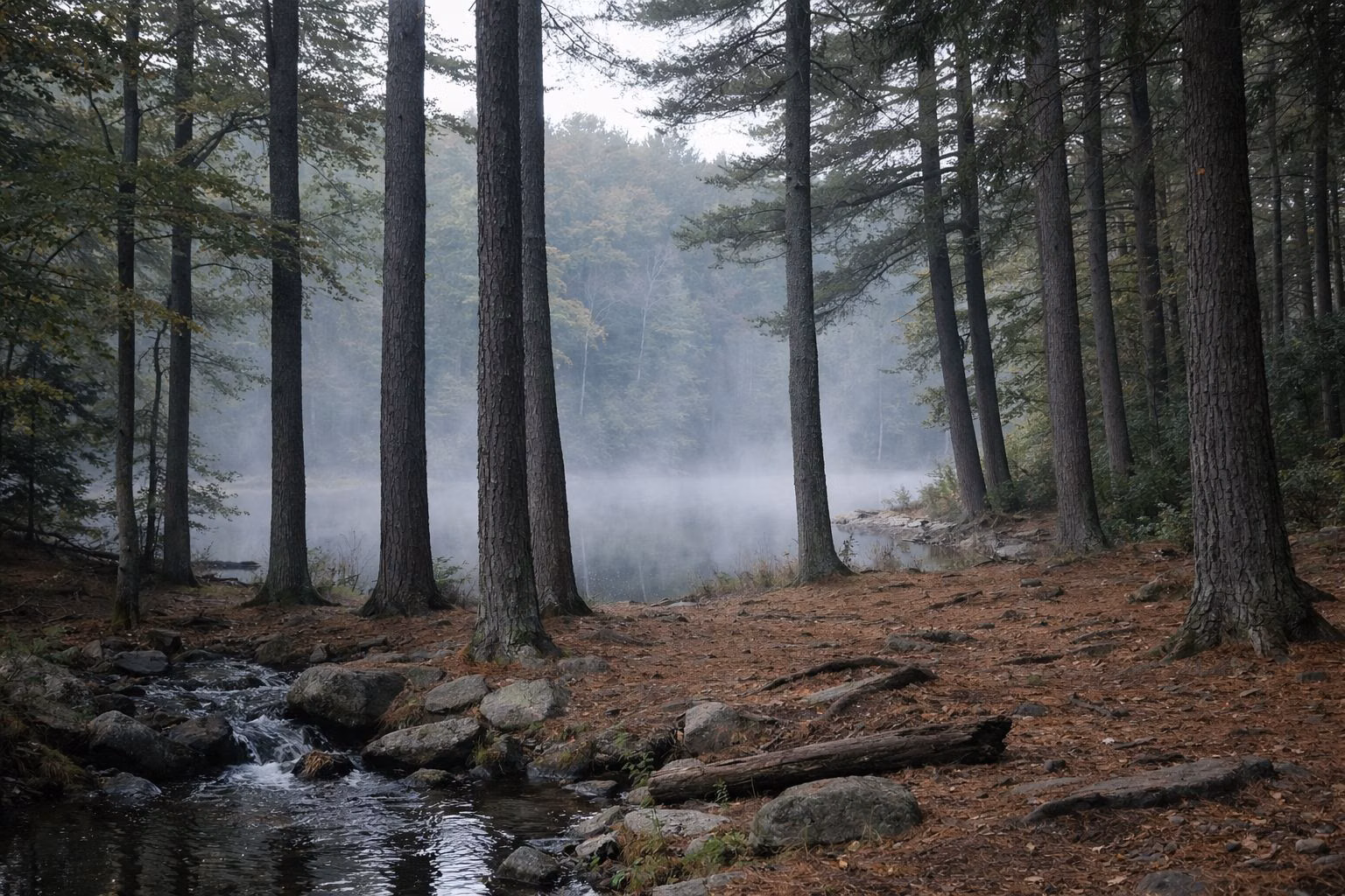 Morning mist drifting between tall straight white pine trunks, needle-covered forest floor