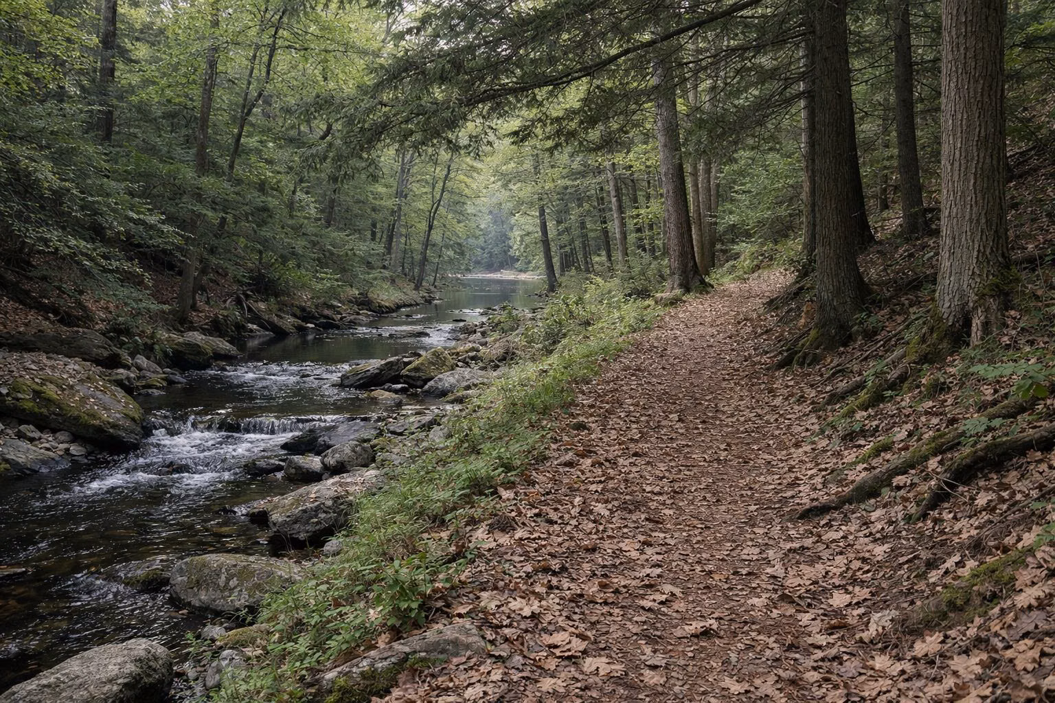 A leaf-covered footpath along a small stream through a shaded hemlock ravine