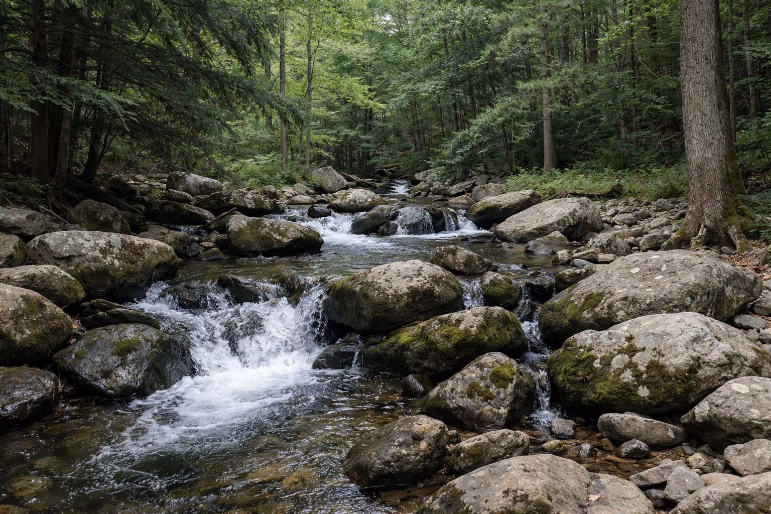A clear mountain creek tumbling over rounded mossy rocks under a green forest canopy