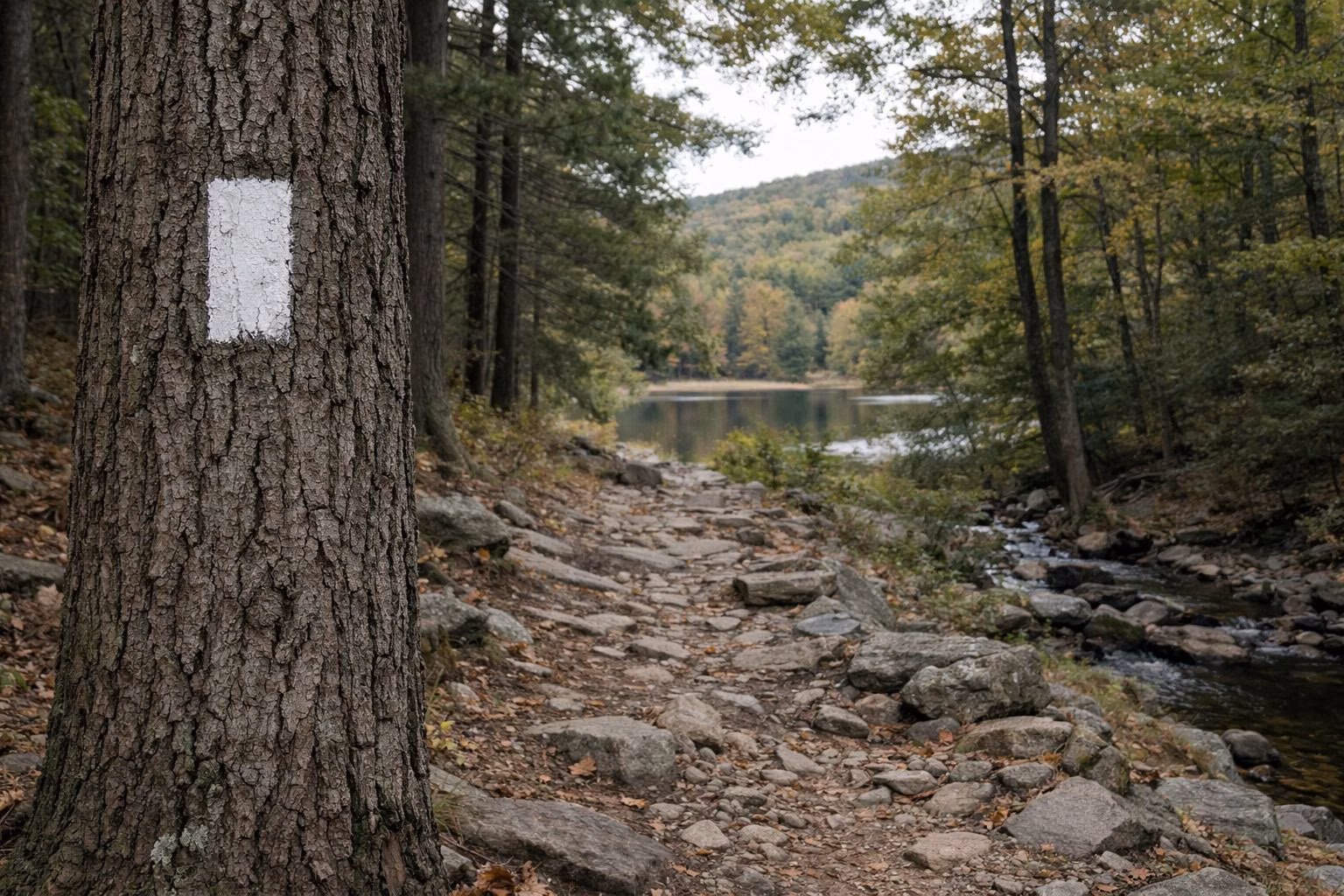 A white painted rectangular trail blaze on an oak trunk beside a rocky woodland footpath